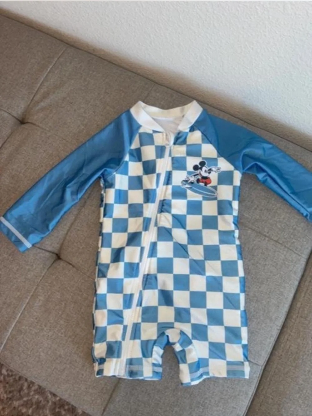 Disney Baby Blue & White Check Mickey Kids Rash Guard